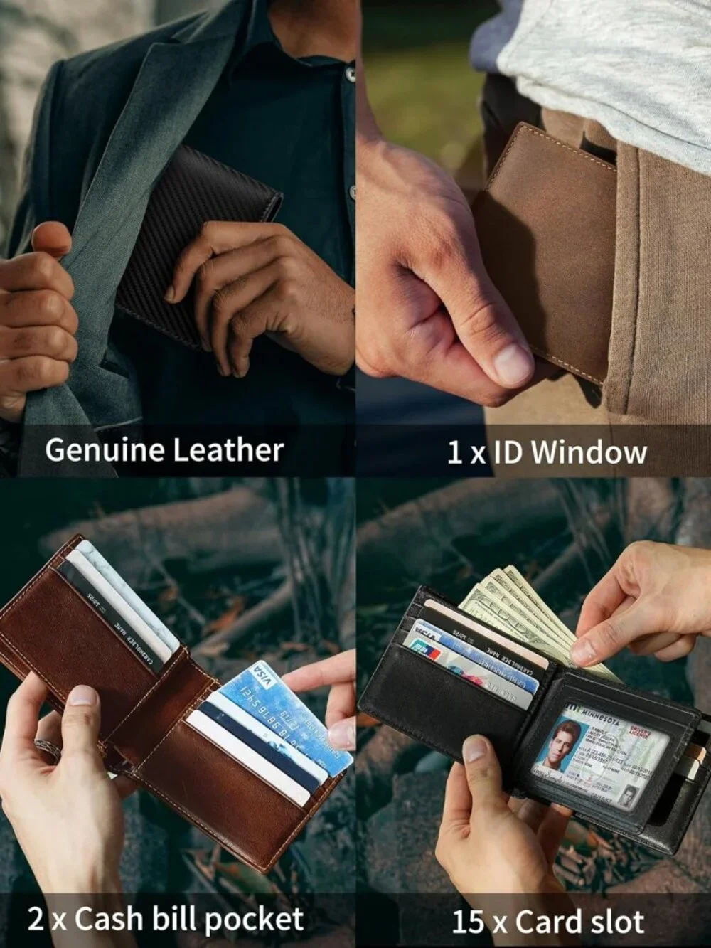 Genuine Leather Bifold Wallet for Men | RFID Blocking, 15 Card Holders, ID